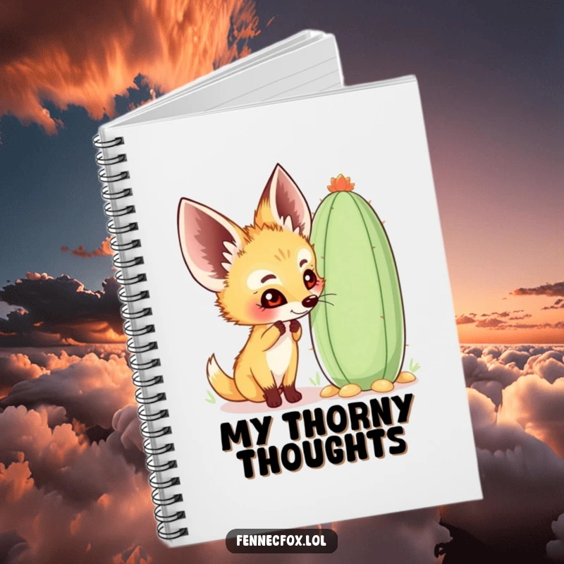 Funny fennec fox notebook with a cover showing a character happily sniffing a large, whimsical cactus, perfect for journaling curiosity.