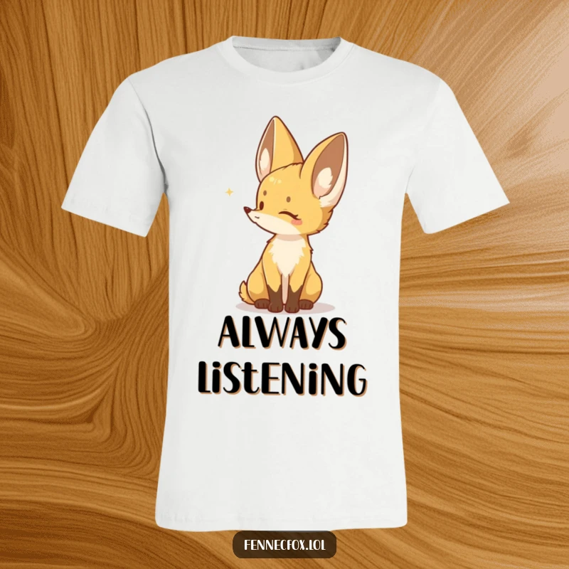 Funny t-shirt of a Fennec fox character with large ears, listening carefully to a distant sound, embodying quiet observation.