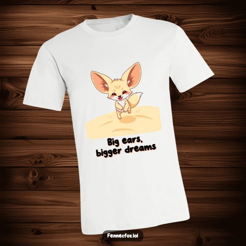 Funny Fennec Fox T-Shirt showcasing a happy fox with giant ears leaping energetically through sandy desert dunes, radiating pure joy.