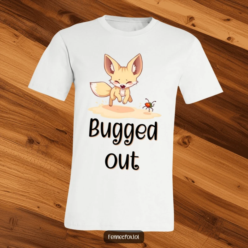 Funny Fennec Fox T-Shirt: A fennec fox humorously chases a small shimmering beetle with pure joy across the sandy desert.