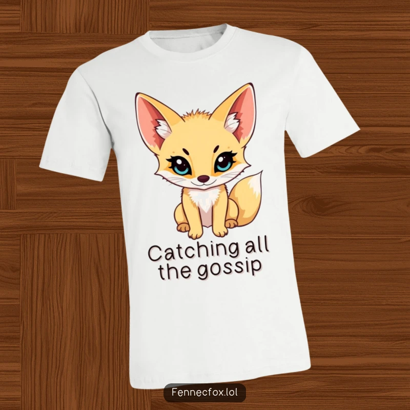 Funny fennec fox t-shirt, large ears angled forward, intensely listening, suggesting it's privy to all the good gossip, playful and witty.