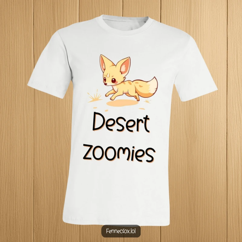 Funny t-shirt showcasing a fennec fox character scampering through a sandy landscape, perfect for those who love unique animals and lighthearted fun.