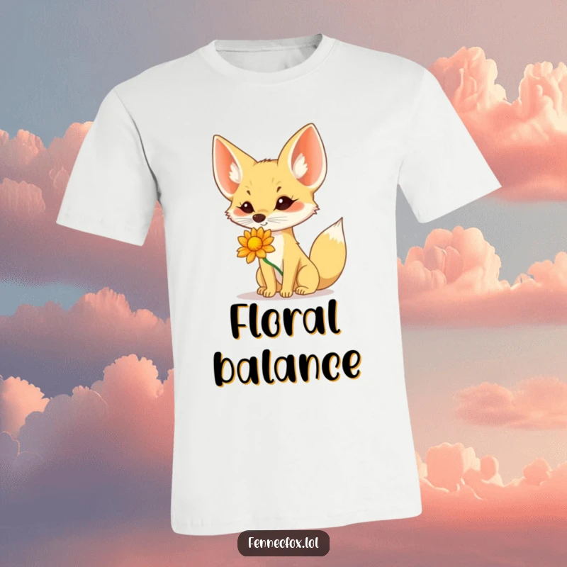 Funny Fennec Fox T-Shirt: A fennec fox skillfully balances a big desert flower on its nose, looking quite pleased.