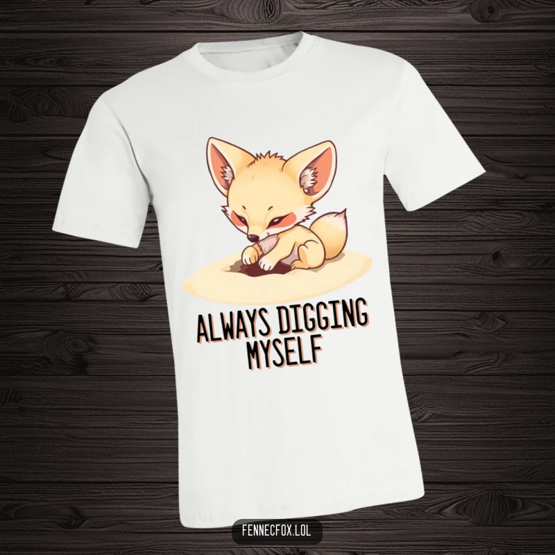 Funny t-shirt depicting a fennec fox energetically digging a small hole in soft sand, playful action.