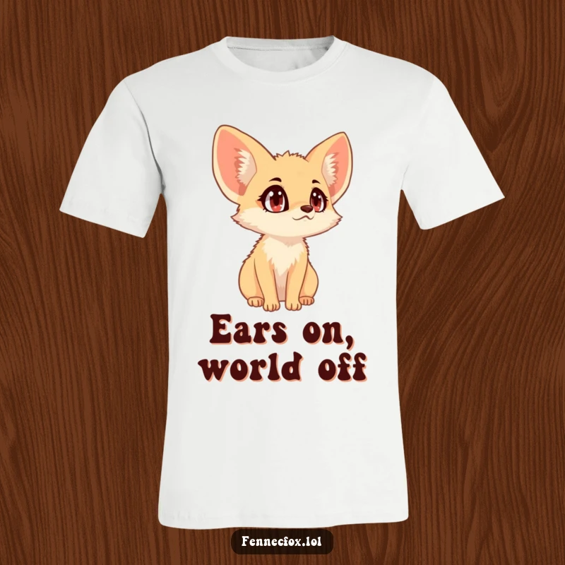 Funny fennec fox with huge eyes, ears up, intently listening to a sound, cute animal humor shirt.