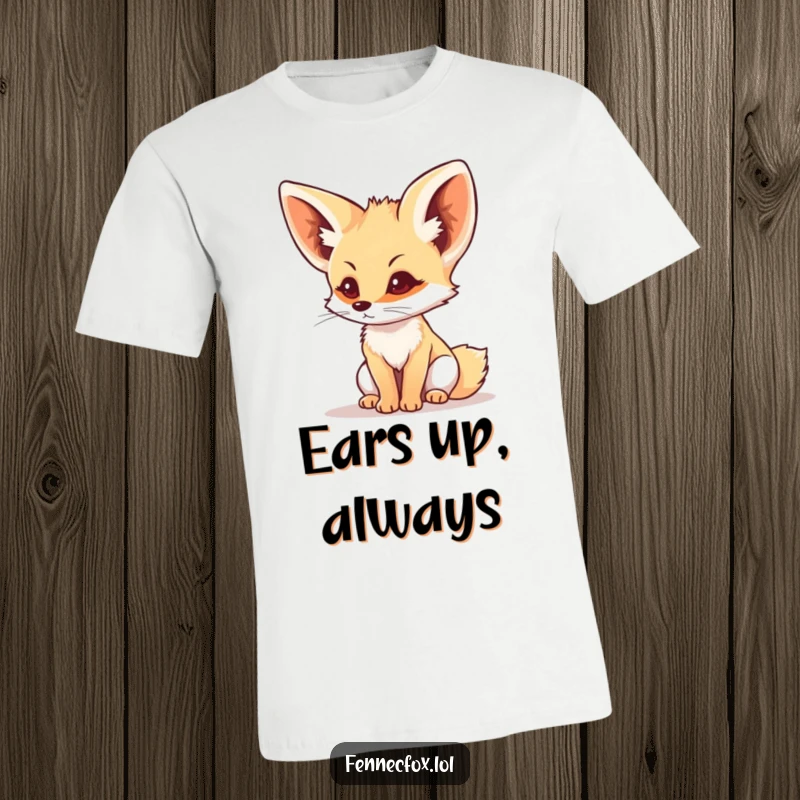 Funny fennec fox with large, perked ears listening intently to a sound, on a t-shirt, making a humorous statement.