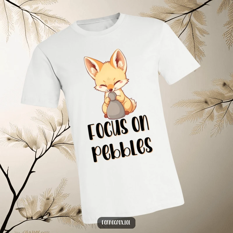 Funny Fennec Fox T-Shirt depicting a fennec fox expertly balancing a small pebble on its nose, showcasing incredible focus and humor.