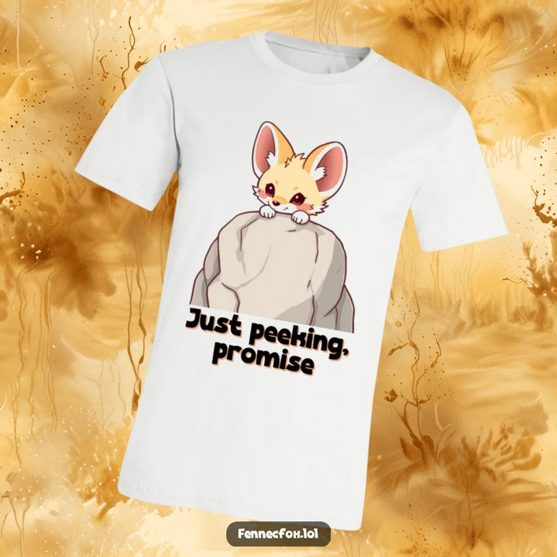 Funny Fennec fox t-shirt with a character's head peeking playfully over a tall rock, embodying curiosity and a sense of adventure.