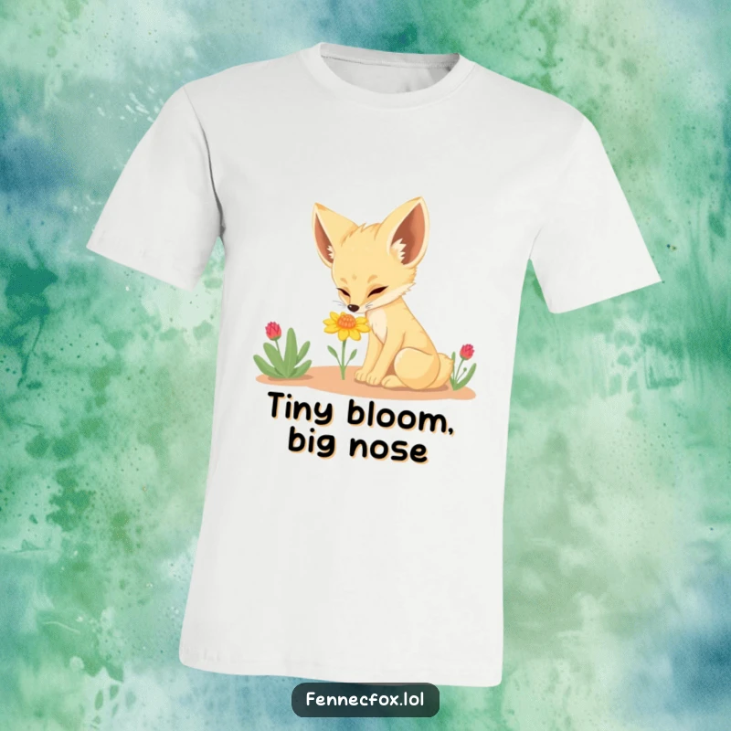 Funny Fennec Fox T-Shirt: A delightful illustration of a fennec fox with big ears, gently sniffing a small desert flower.
