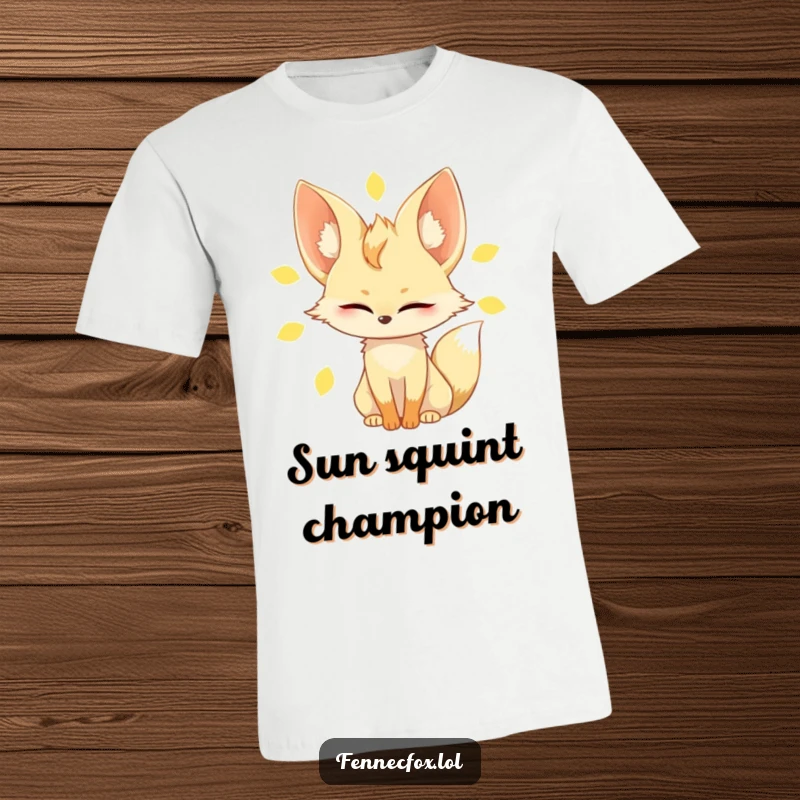 Funny fennec fox t-shirt, captured mid-slow blink under a bright sun, showcasing its large ears and carefree desert attitude.