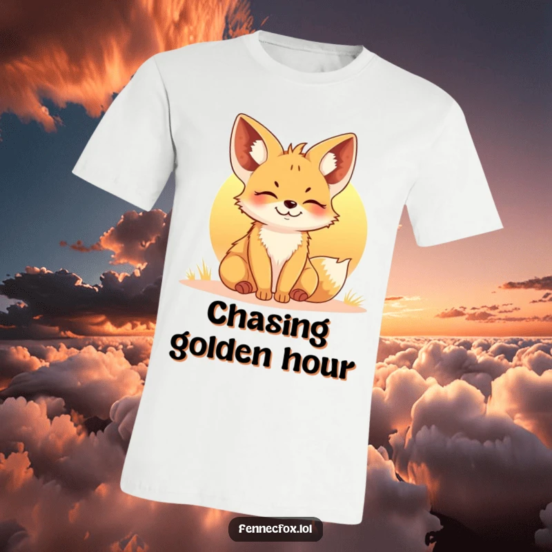 Funny Fennec Fox T-Shirt: A joyful fox basking contentedly in the warm, golden light of a setting sun, radiating peace.