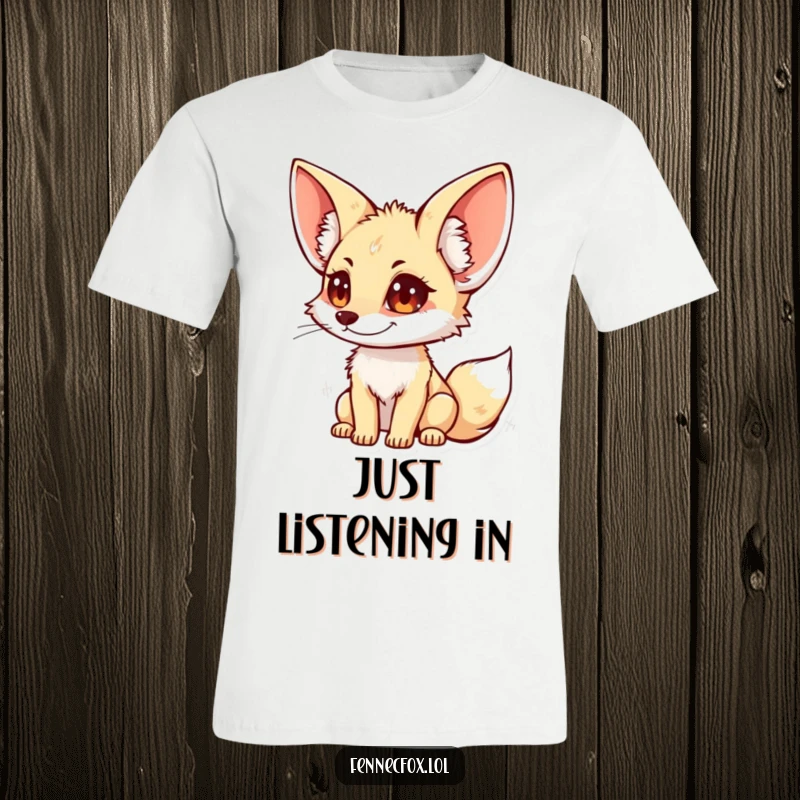 Funny fennec fox t-shirt showing a curious character with large, prominent ears, capturing a moment of intense listening.