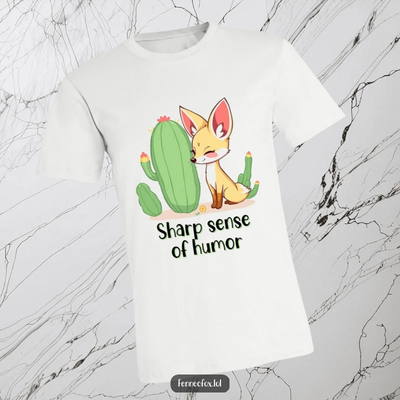 Funny curious fennec fox sniffing a large, whimsical cactus with a happy expression on a comfortable t-shirt. Ideal for a funny gift.