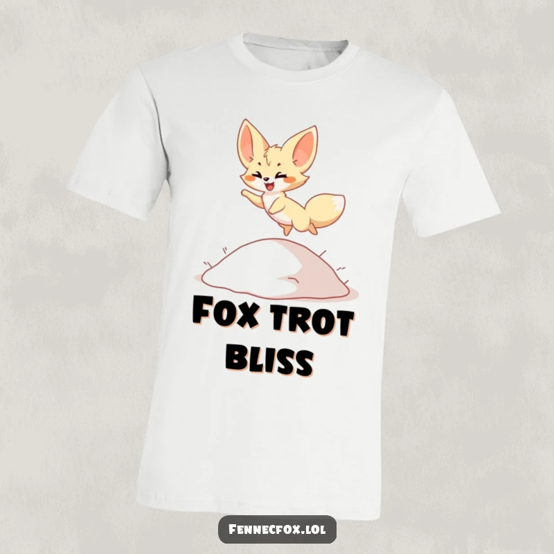 Funny T-Shirt: Fennec fox character joyfully leaping over a small dune, dynamic pose, perfect for animal lovers, funny gift.