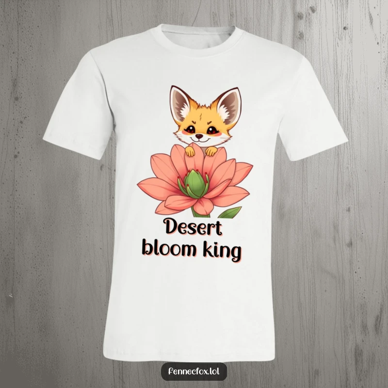 Funny fennec fox t-shirt showing a happy character peeking over a large, vibrant desert flower, perfect for animal lovers.