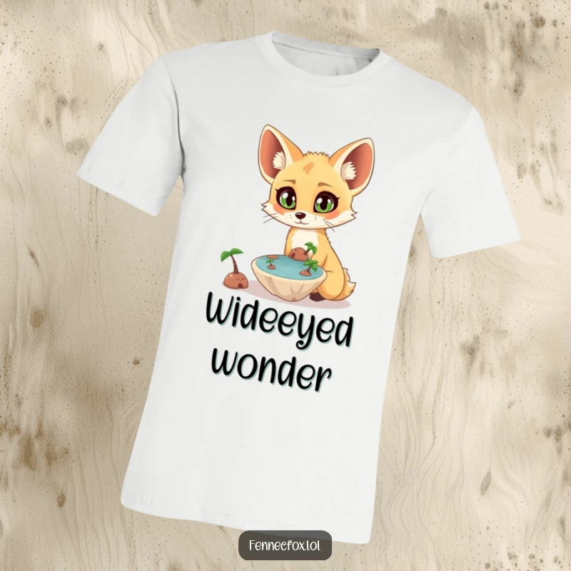 Funny surprised fennec fox with wide eyes observing a tiny, floating oasis on a comfortable t-shirt. Ideal for a funny gift.