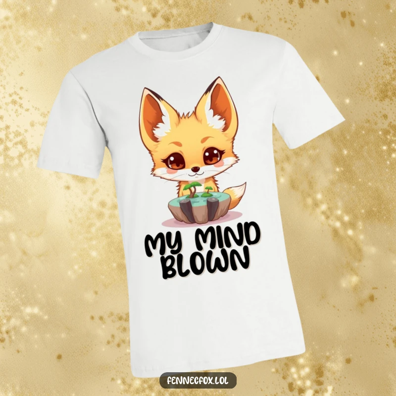 Funny fennec fox t-shirt depicting a surprised character with wide eyes looking at a tiny, floating oasis, perfect for wonderers.