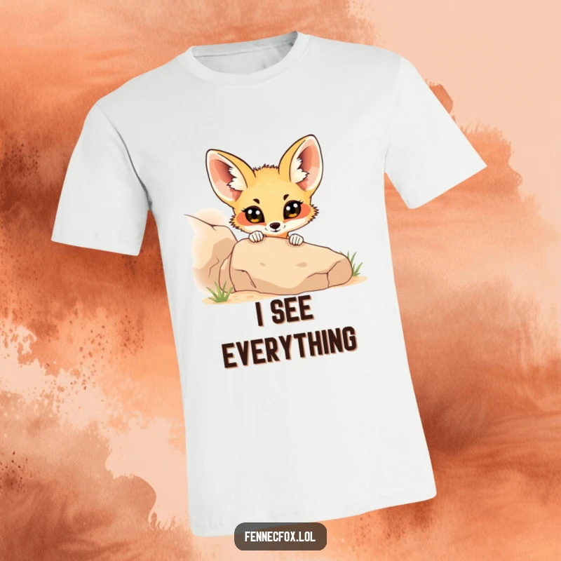 Funny fennec fox with wide, curious eyes, peeking from behind a large desert rock, on a t-shirt for a humorous look.
