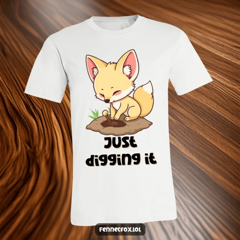 Funny fennec fox t-shirt featuring a character enthusiastically digging a shallow hole, capturing playful energy.