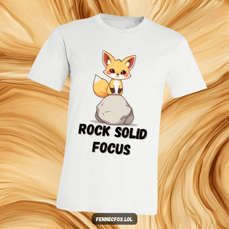 Funny fennec fox t-shirt, character concentrating hard, balancing a single small, smooth rock on its head, large ears slightly askew.