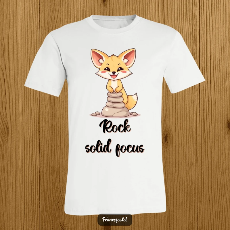 Funny Fennec Fox T-Shirt: A grinning fox with incredible focus attempts to balance a teetering pile of small desert stones.