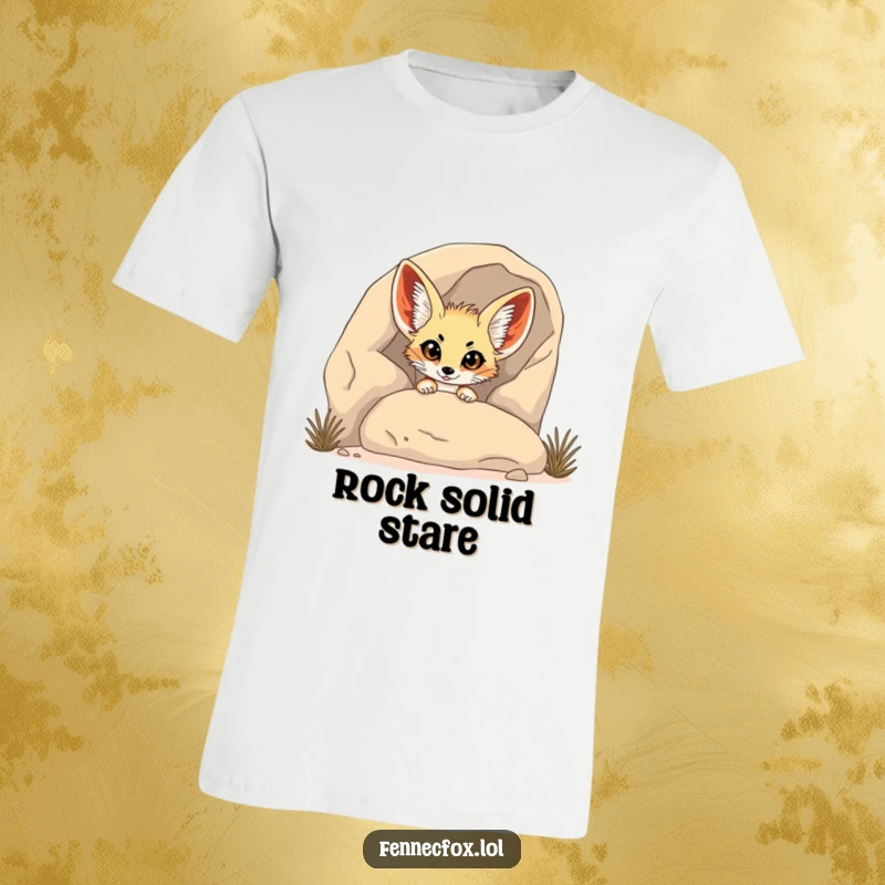 Funny Fennec Fox T-Shirt: A fennec fox humorously peeks from behind a rock with big eyes, looking surprised and cute.