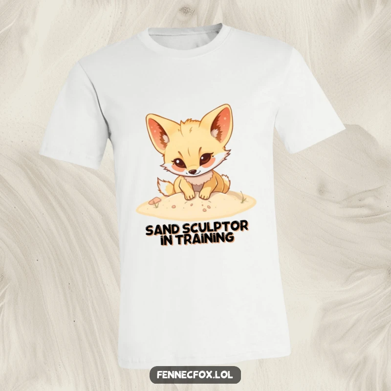 Funny Fennec fox t-shirt featuring a cute character enthusiastically digging in soft sand, symbolizing boundless energy and fun.