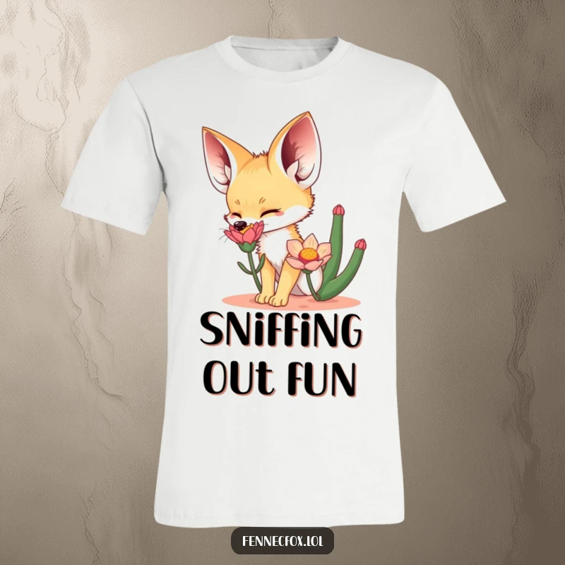 Funny T-Shirt featuring an excited fennec fox sniffing a colorful desert flower, highlighting its curious nature and desert habitat.