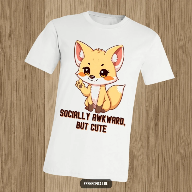 Funny shy Fennec Fox t-shirt with a cute fox giving a timid wave, perfect for a bashful hello.