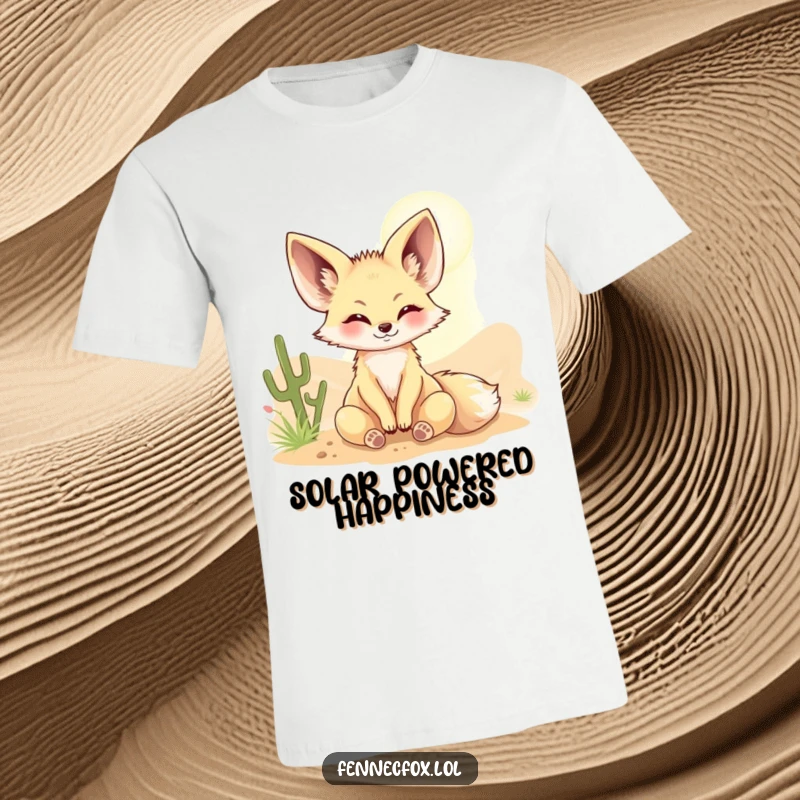 Funny Fennec fox t-shirt showing a character blissfully basking in a warm desert sunbeam, radiating happiness and contentment.