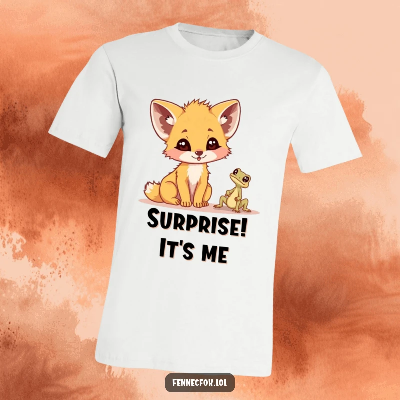Funny fennec fox t-shirt, startled expression, big ears fluffed, staring at a tiny, curious desert lizard, a moment of pure comedic shock.