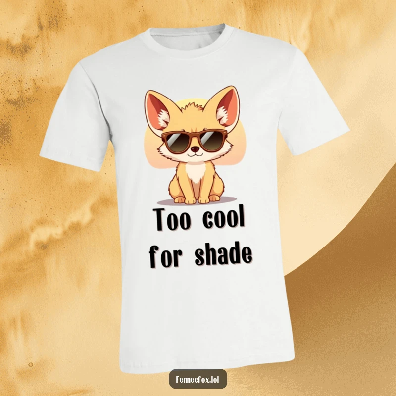 Funny Fennec Fox T-Shirt featuring a cool fox with big ears wearing small sunglasses, gazing at a desert sunset. Stylish and humorous.