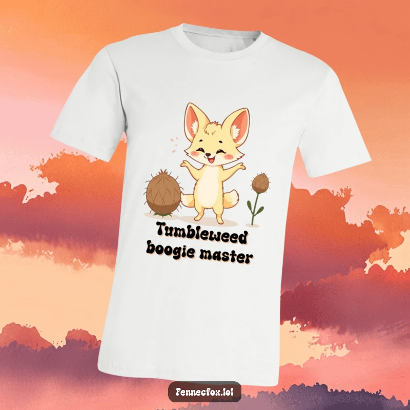 Funny Fennec Fox T-Shirt featuring a happy fox with big ears performing a silly dance with a tumbleweed. Humorous and energetic.