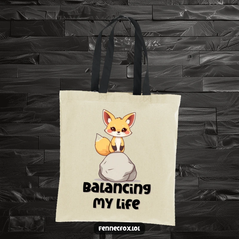 Funny fennec fox tote bag, character intensely focused on balancing a small, smooth rock on its head, large ears attentive.