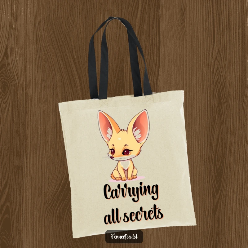 Funny tote bag showcasing a fennec fox with huge ears perked, listening intently to everything.