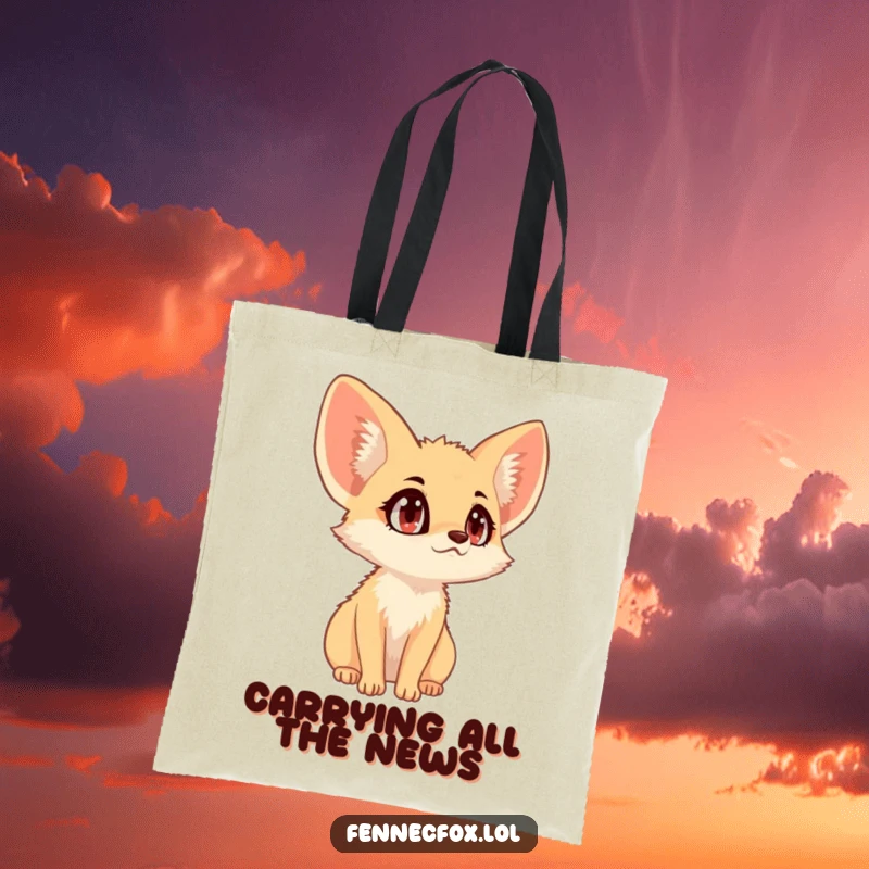 Funny fennec fox with big wide eyes, ears perked, listening to something, humorous tote bag.