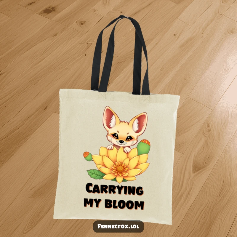 Funny cheerful fennec fox peeking curiously over a vibrant, oversized desert flower on a durable tote bag. A funny and practical accessory.