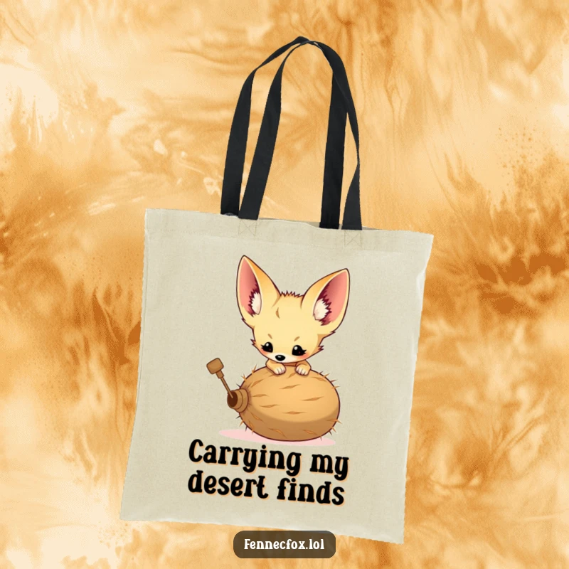 Funny tote bag with a design of a fennec fox kit with large ears pouncing on a rolling tumbleweed.