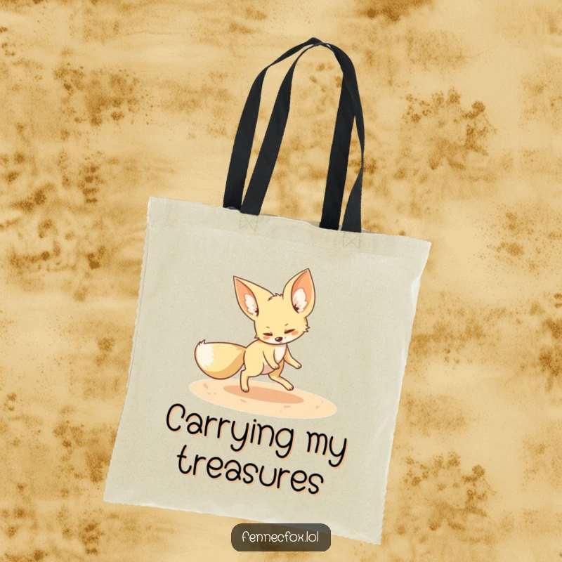 Funny fennec fox tote bag showing a playful fennec fox chasing its tail in a sandy circle, perfect for humorous everyday carrying.