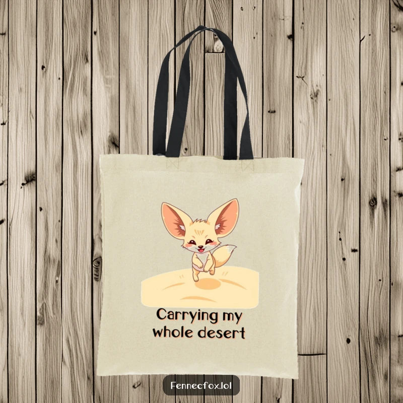 Funny Fennec Fox Tote Bag showcasing a happy, oversized-eared fox leaping joyfully across sandy desert dunes. Practical and amusing.