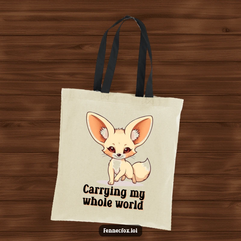 Funny fennec fox tote bag with a cute cartoon desert fox comically chasing its own tail, perfect for everyday use.