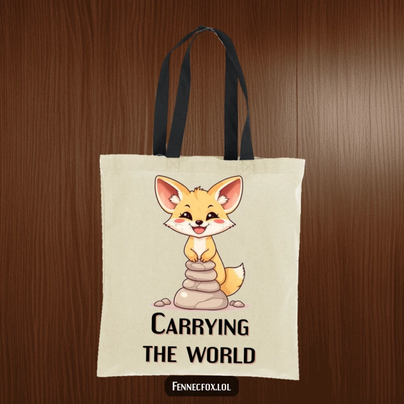 Funny Fennec Fox Tote Bag: A smiling fennec fox skillfully balances a wobbly stack of miniature desert stones, ready for errands.