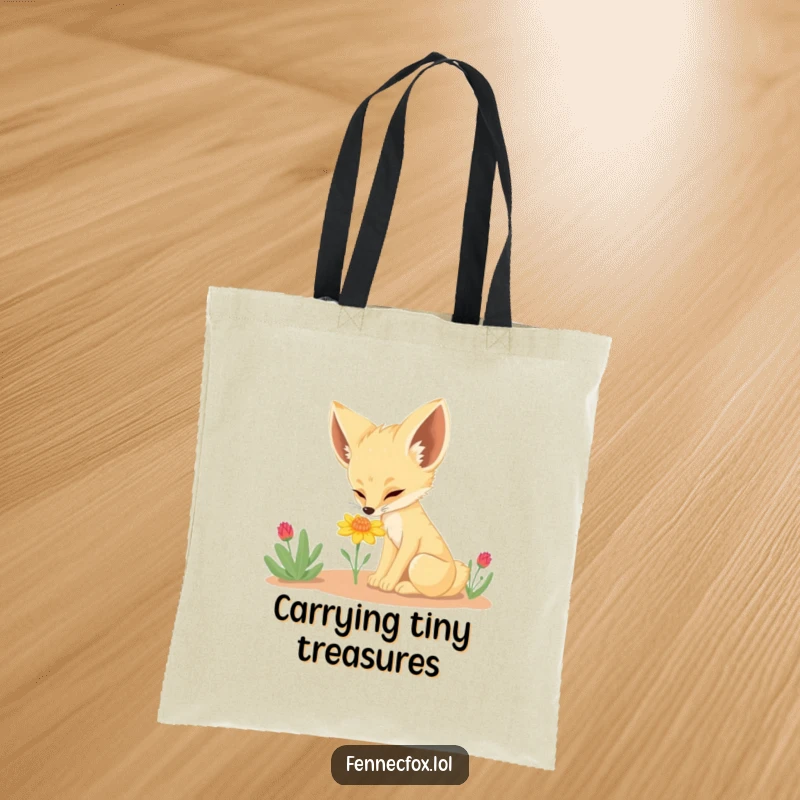 Funny Fennec Fox Tote Bag: A durable canvas bag with a charming fennec fox sniffing a small desert flower, ideal for eco-conscious shoppers.