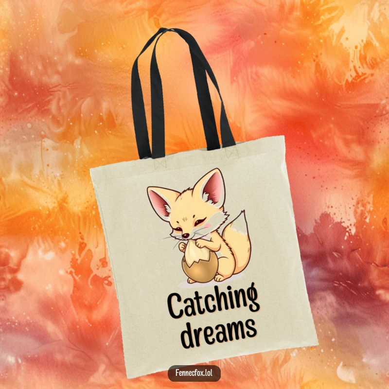 Funny Tote Bag featuring a fennec fox playfully batting at a desert seed pod, perfect for carrying essentials with a whimsical touch.