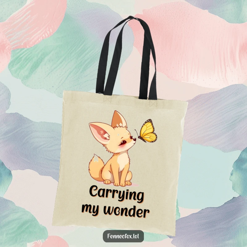Funny Fennec Fox Tote Bag showing a cute desert fox curiously tilting its head to watch a beautiful butterfly fly past.