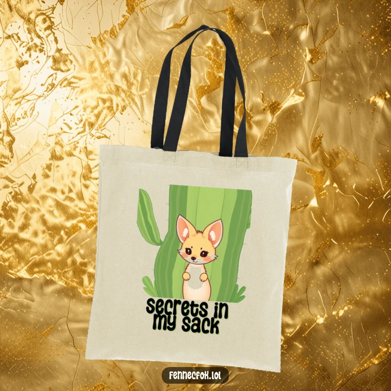 Funny Fennec Fox Tote Bag with a curious fox peeking from behind a big desert cactus. Practical and humorous.