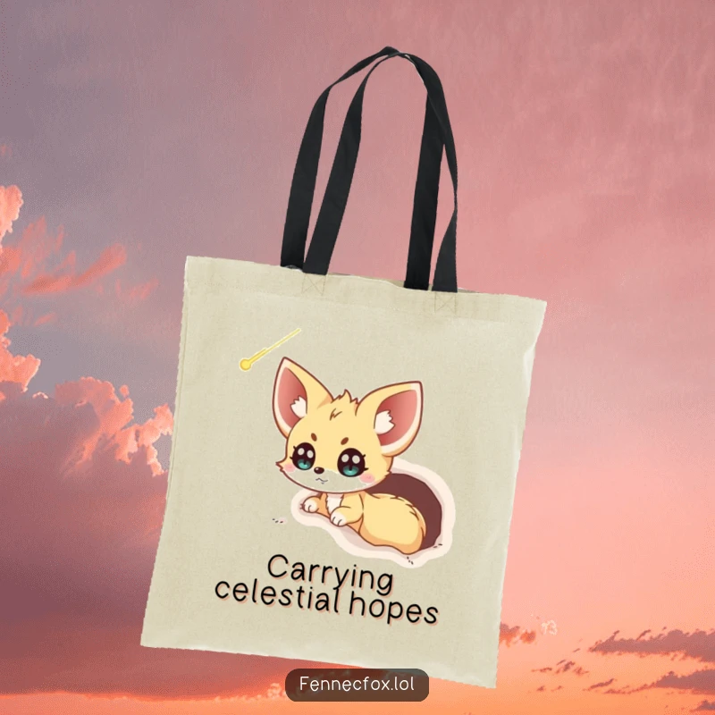 Funny Fennec Fox Tote Bag: An excited fennec fox peeks from its burrow, captivated by the sight of a passing comet.