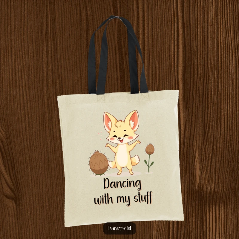Funny Fennec Fox Tote Bag with a happy fox doing a silly dance with a tumbleweed. Practical and hilariously fun.