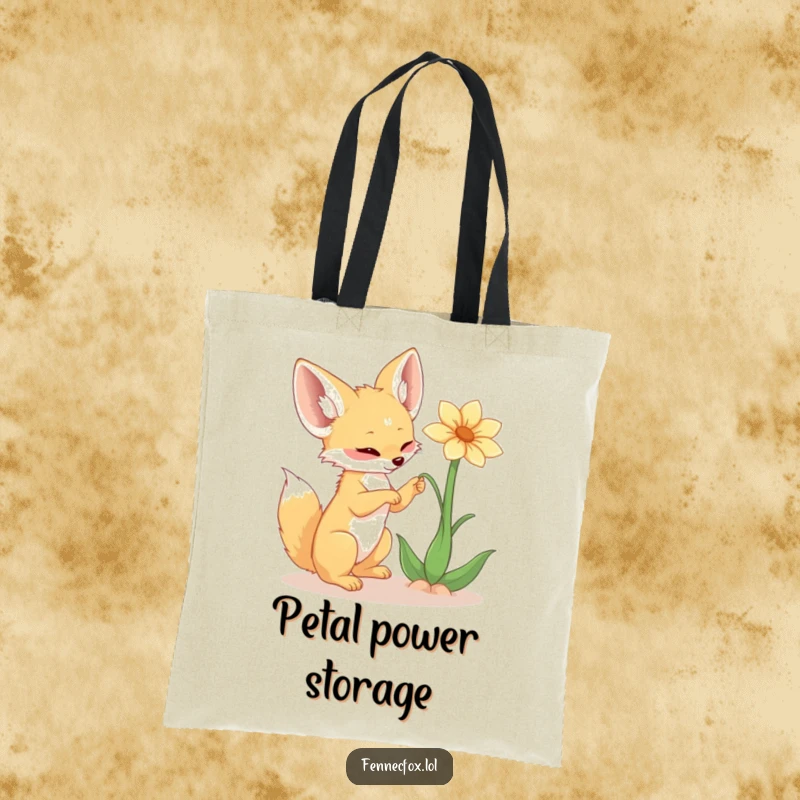 Funny fennec fox tote bag, with oversized ears, joyfully batting at a delicate desert flower floating by, a symbol of lightheartedness.