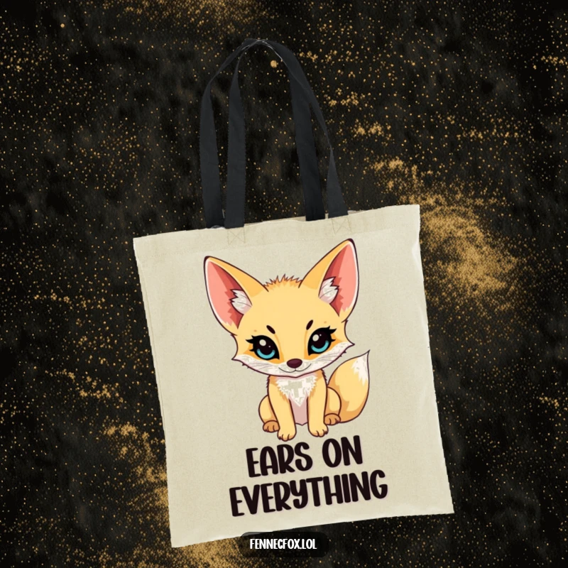 Funny fennec fox tote bag, with ears pointed forward, listening intently to the world around, a symbol of quiet observation and charm.